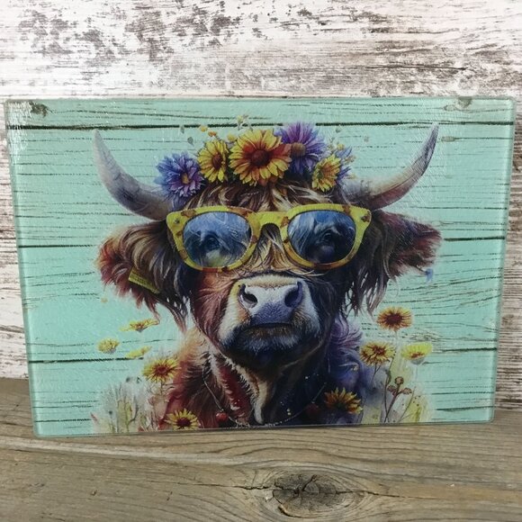 Boho Hippie Highland Cow Glass Cutting Board - Picture 1 of 8